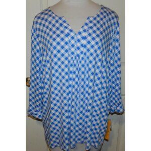 NWT Ruby Rd size 2X blue checked stretch blend blouse tab & button sleeves